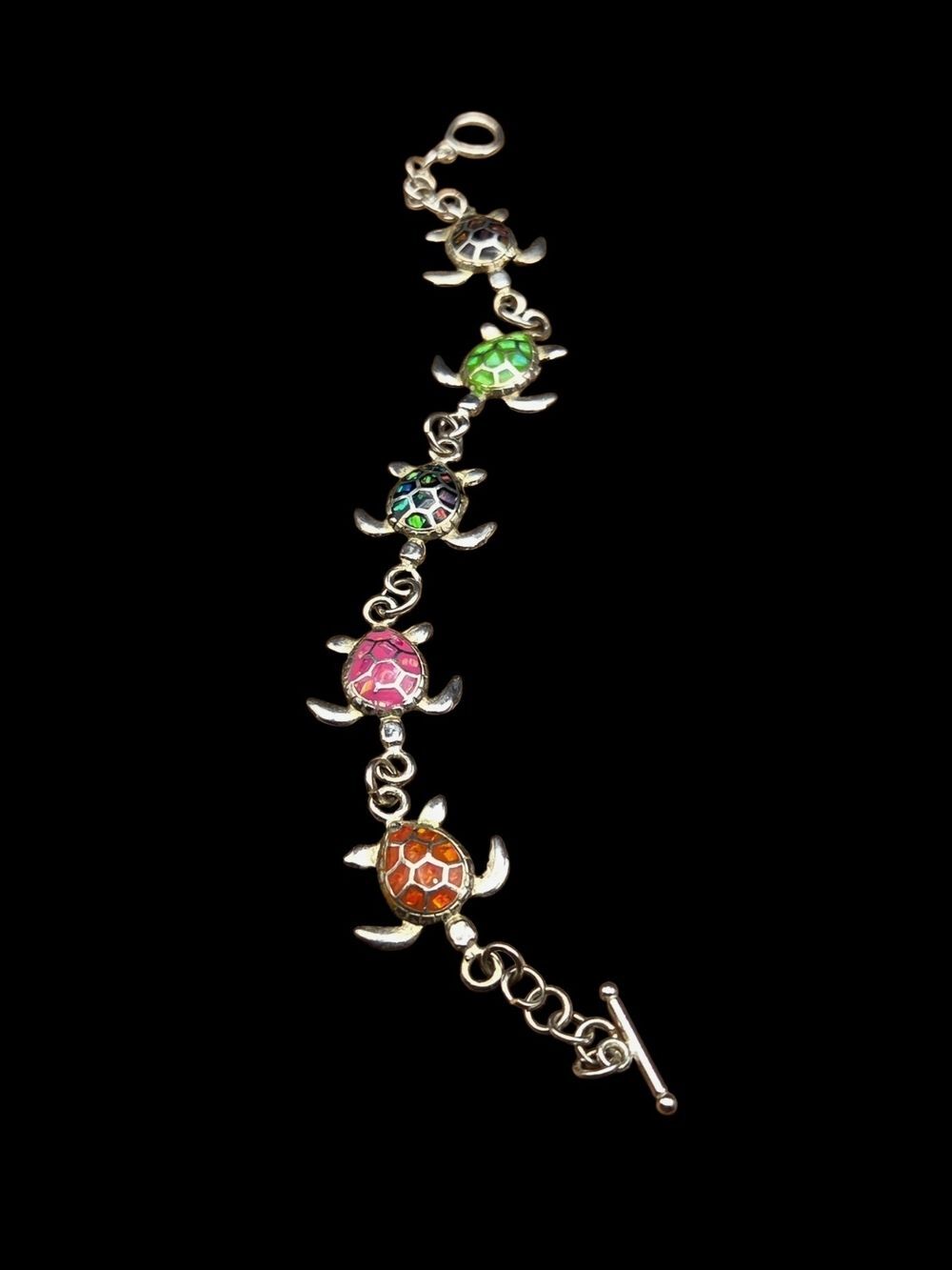 Sterling Silver Multicolor Lab Opal Inlay Sea Turtle Link Bracelet Mexico
